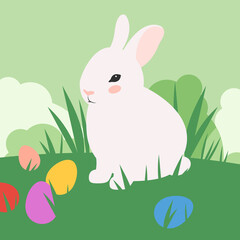 Vector illustration of a rabbit in nature. Easter composition for advertising, postcards, packaging, paper bags, posters.
