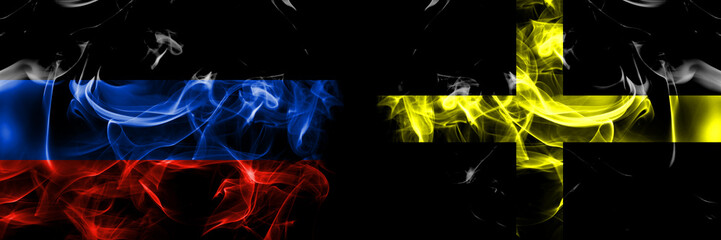 Donetsk People's Republic vs Wales, Welsh, Saint David flag. Smoke flags placed side by side isolated on black background.