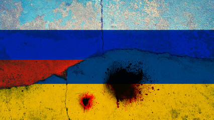 flag of of Ukraine with bloody gunshot wounds  and Kremlin Russia, relationships war conflict...
