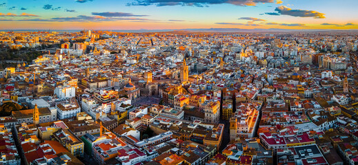 The aerial view of the old center of Valencia, a port city on Spain’s southeastern coast