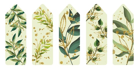 Vector illustration Set of five bookmarks decorated with botanical art texture. Bookmarks with modern creative design with glitter printable template
 - obrazy, fototapety, plakaty