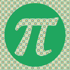 Pi day holiday Greek letter pi inside a green circle with pretty yellow and green pattern. March 14  is Pi day since pi equals 3.14   π is the ratio of the circumference of a circle to its diameter.  - obrazy, fototapety, plakaty