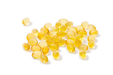 Close up of  oil filled capsules suitable for: fish oil, omega 3, omega 6, omega 9,  vitamin A, vitamin D, vitamin D3, vitamin E - Image