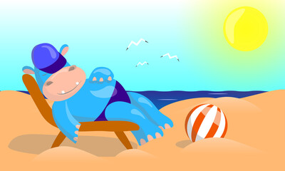 vector illustration of a hippo in swimming trunks and a cap lying on a chaise longue and sleeping