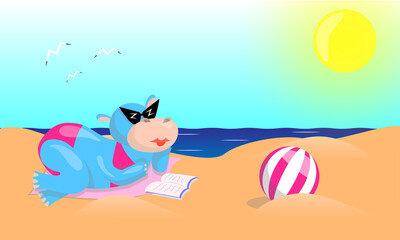 vector illustration of a hippo in a swimsuit lying and reading