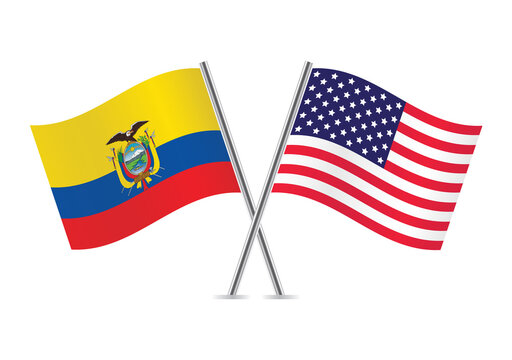 Ecuador and America crossed flags. Ecuadoran and American flags, isolated on white background. Vector icon set. Vector illustration.