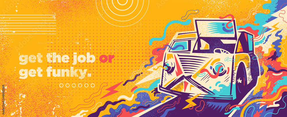 Poster colorful abstraction in funky style with splashing shapes. vector illustration.