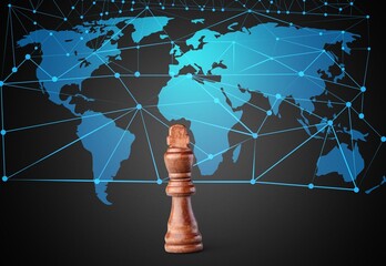 White King chess stand on top for the futuristic digital world map, Leader and smart data