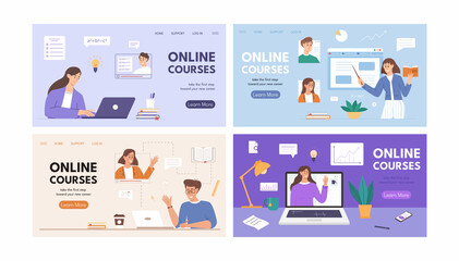 Set of online education colorful scenes