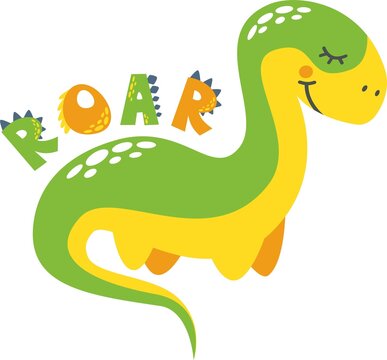Children's vector illustration. Cute dinosaur and Roar littering. Illustration for print on children's clothing.