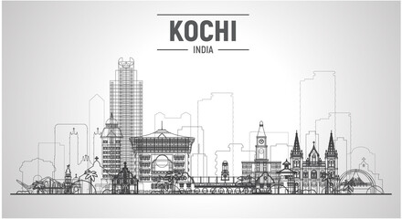 Kochi ( India ) city line skyline at white background. Flat vector illustration. Business travel and tourism concept with modern buildings. Image for banner or website
