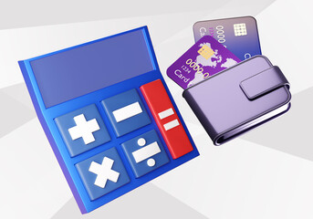 Calculator and bank cards. Concept of using banking products. Credit card rate calculation. Calculator as symbol of accounting finance. Keeping records of personal finances and money. 3d rendering.