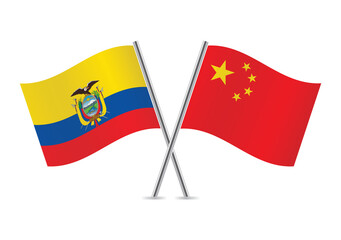 Ecuador and China crossed flags. Ecuadoran and Chinese flags, isolated on white background. Vector icon set. Vector illustration.
