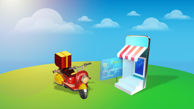Shop app with delivery. Purchase in mobile applications. Ordering goods with delivery. Phone with showcase symbolizes online commerce. Moped for delivery near store. Scooter on summer lawn. 3d image.