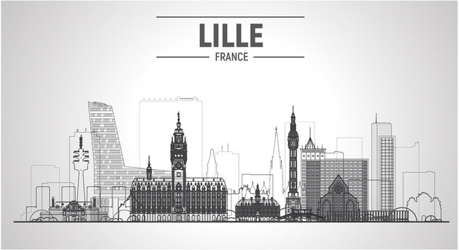 Lille ( France ) line city. Stroke vector illustration with the most famous buildings. Business travel and tourism concept with modern buildings. Image for banner or website
