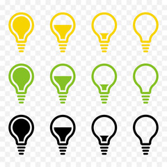 Light bulb vector icon set. Energy or battery level indicator symbols. Full, half-full, low and empty. Yellow, green and black colors.