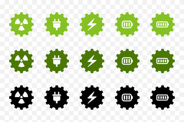 Fototapeta na wymiar Cogwheel vector icon set. Energy and power concept. Light green, dark green, and black color variations.