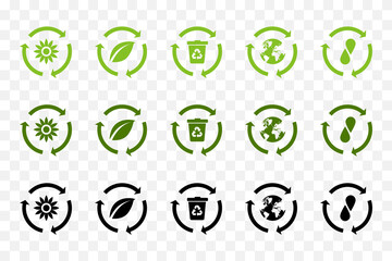 Recycle vector icon set. Renewable, sustainable energy concept.  Dark green, light green, black.
