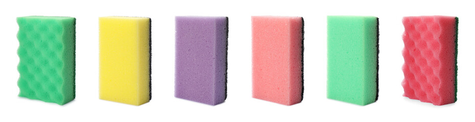 Set with cleaning sponges on white background. Banner design