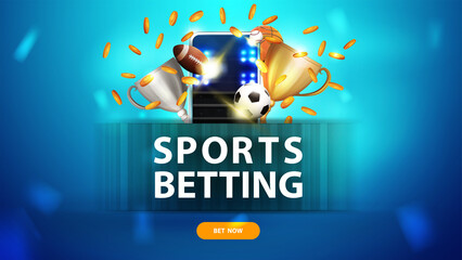 Sports betting, blue banner with button, smartphone, champion cups, falling gold coins and sport balls