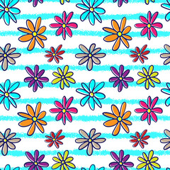 Beautiful bright colorful multicolored flowers isolated on white background. Cute floral striped seamless pattern. Vector simple flat graphic hand drawn illustration. Texture.