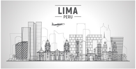 Lima (Peru) skyline with panorama in white background. Vector Illustration. Business travel and tourism concept with modern buildings. Image for presentation, banner, web site.