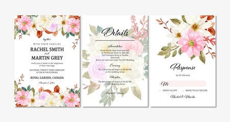Set Of Watercolor Floral Wedding Invitation With Spring Flowers