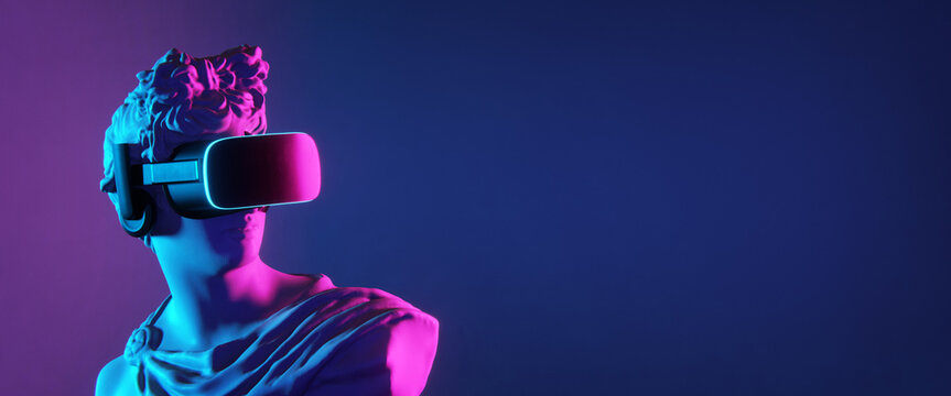 Bust of Apollo equipped with VR headset. Metaverse concept with copy space. 3D rendering