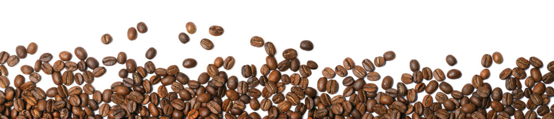 Many roasted coffee beans on white background, top view. Banner design
