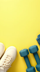 Feminine sport workout equipment on yellow background. Active lifestyle concept. Sport blog...