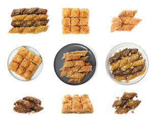 Set with tasty sweet baklava on white background