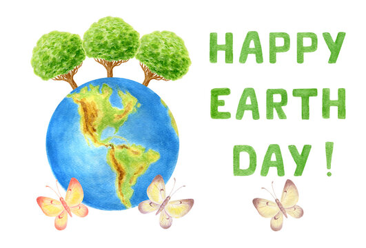 Earth Day concept for banner, poster or greeting card. World Environment Day. Saving planet. Watercolor painting isolate on white background.