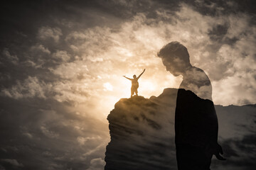 Man overcoming sadness mental fears becoming happy and free. 