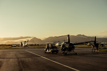 Transportation of the helicopter to the runway from the hangar.