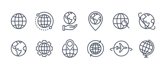World globe line icon. Vector Earth global country map planet line icon. Travel internet globe set - obrazy, fototapety, plakaty