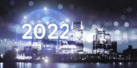 New year 2022 or start straight concept. Modern city with wireless network connection.