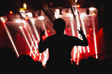 A girl with raised hands enjoys a rock concert.