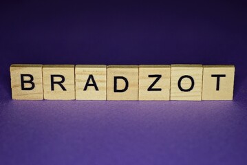 gray word bradzot in small wooden letters on a purple background