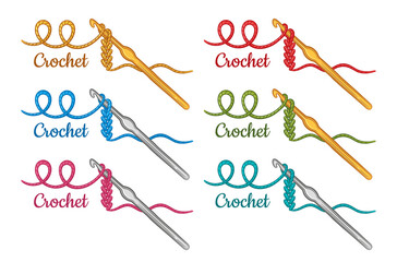 Crochet knitting handmade, crocheting hook with cotton thread icon set. Hand knit instrument, needlework pattern for make textile knitwear. Creative workshop, craft hobby. Wool yarn skein sign. Vector - obrazy, fototapety, plakaty