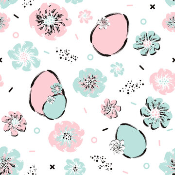 Easter chicken eggs and flowers in brush drawing style. Festive pastel. Vector