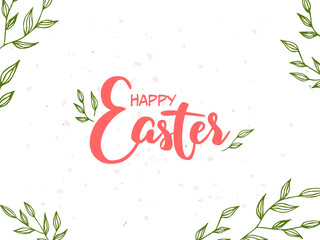Spring lettering. Vector illustration with texture on a white background. Happy Easter. A frame of green branches and leaves pink flowers.