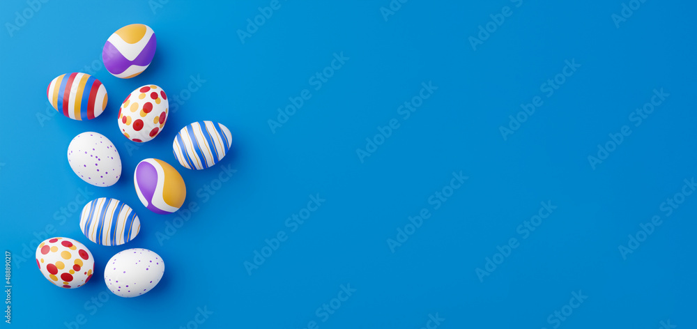 Poster bunch of colorful eggs on a blue easter background 3d rendering. pile of birght and colorful easter 