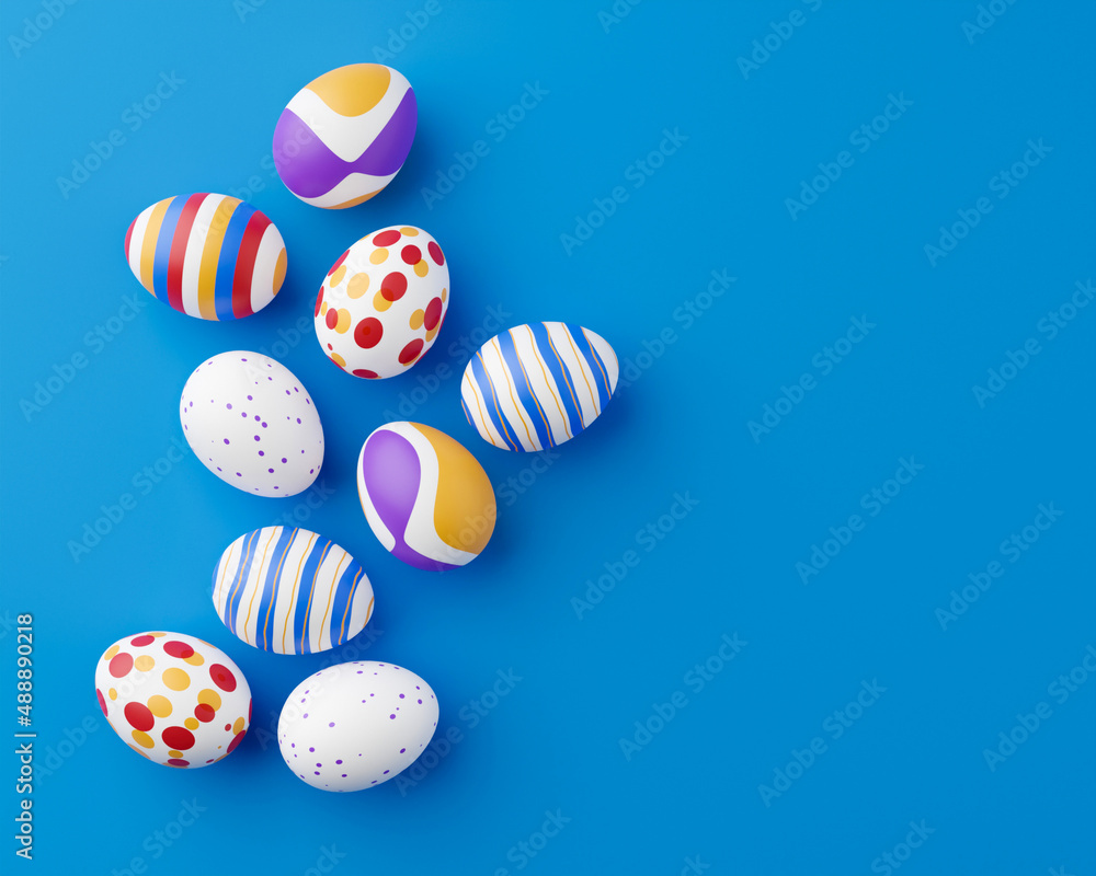 Poster bunch of colorful eggs on a blue easter background 3d rendering. pile of birght and colorful easter 