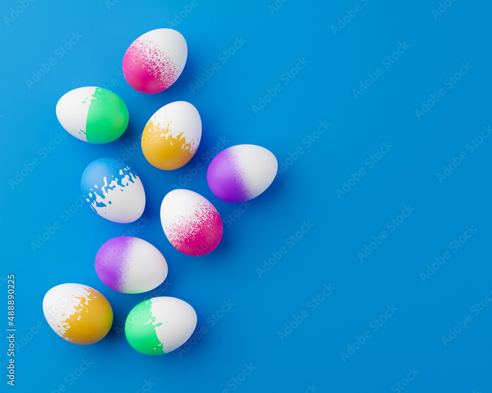 Poster bunch of colorful eggs on a blue easter background 3d rendering. pile of birght and colorful easter 
