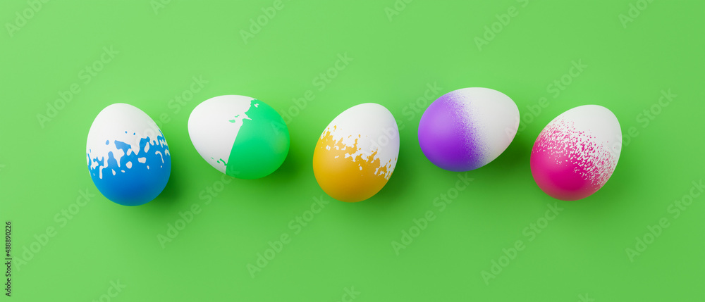 Poster bunch of colorful eggs on a green easter background 3d rendering. pile of birght and colorful easter