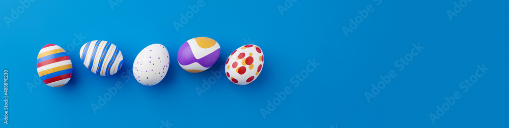 Poster bunch of colorful eggs on a blue easter background 3d rendering. pile of birght and colorful easter 