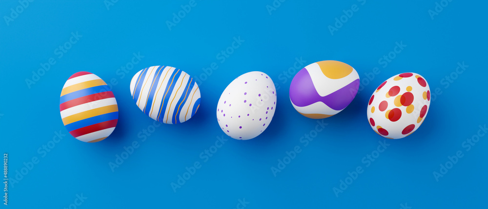 Poster bunch of colorful eggs on a blue easter background 3d rendering. pile of birght and colorful easter 