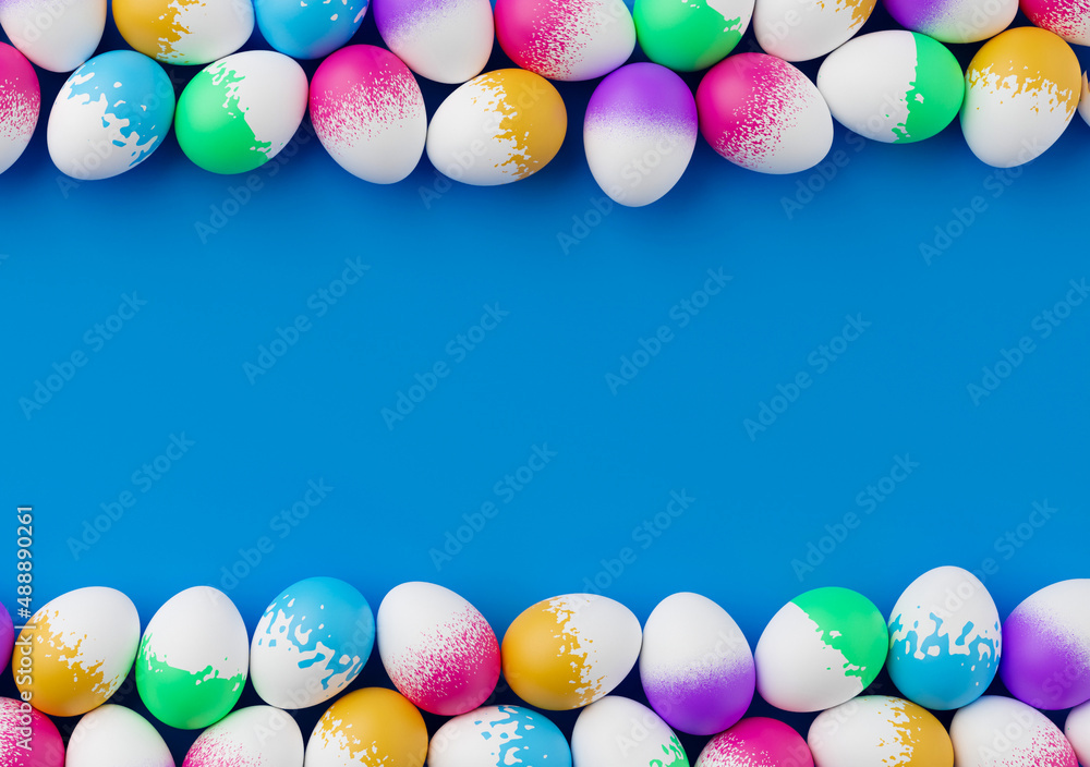 Poster bunch of colorful eggs on a blue easter background 3d rendering. pile of birght and colorful easter 
