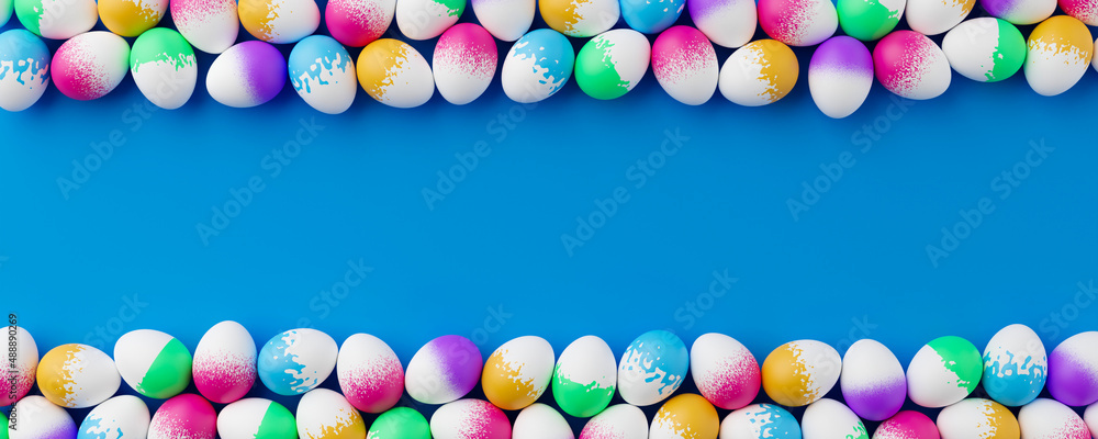 Poster bunch of colorful eggs on a blue easter background 3d rendering. pile of birght and colorful easter 