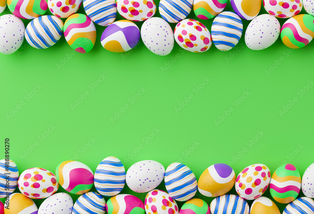 Poster bunch of colorful eggs on a green easter background 3d rendering. pile of birght and colorful easter